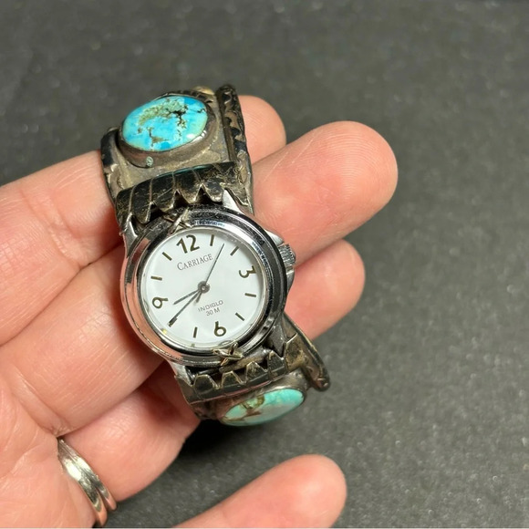 JB Turquoise Sterling Silver Flower Navajo Cuff Watch Carriage Timex Quartz Work - Picture 1 of 12